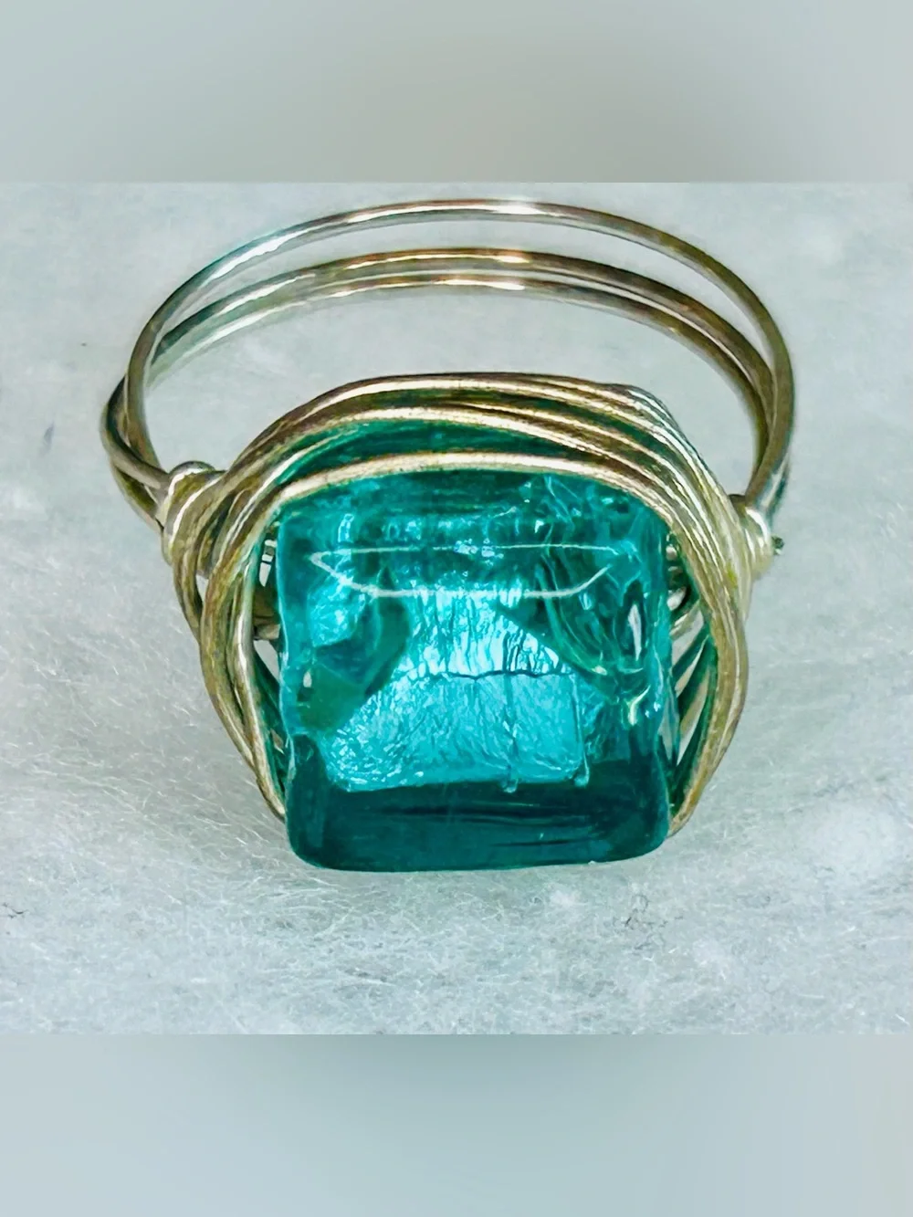 Vintage Artisan Wire Wrapped Aqua Glass Statement Ring (c. 2000s–2010s)